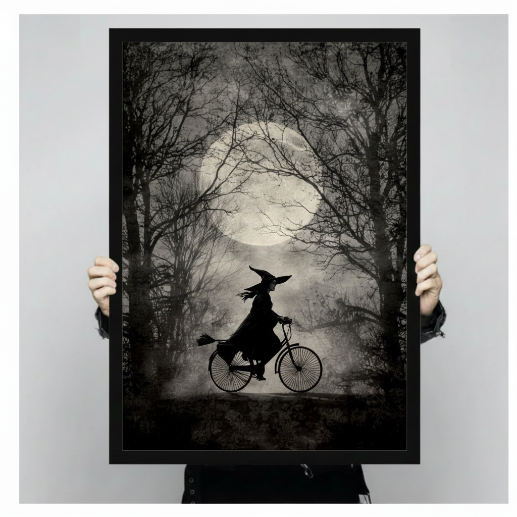 Person holding a black framed dark witch silhouette riding bicycle through moonlit bare tree forest art print in moody black and gray against a light gray backdrop