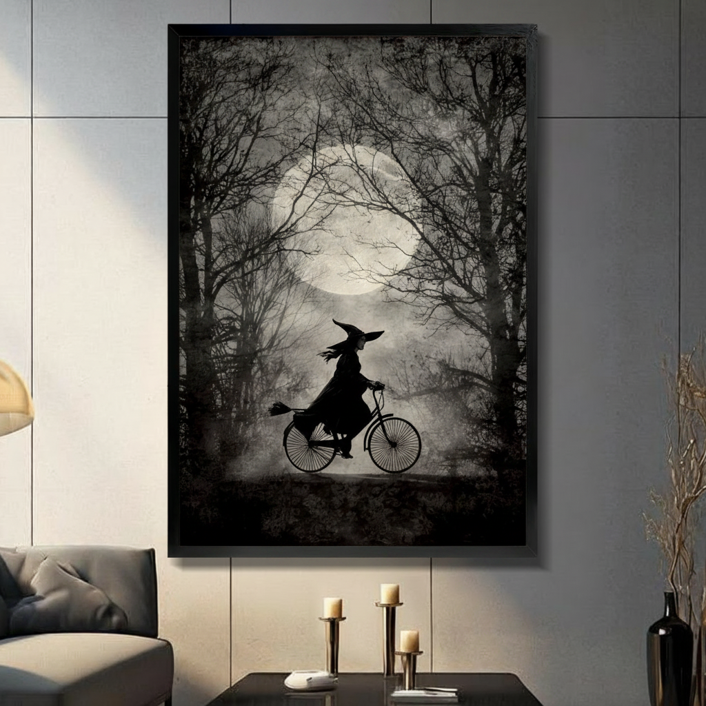 Dark academia witch silhouette riding bicycle through moonlit forest black framed canvas art in moody black and gray on a dark gray paneled wall above a charcoal sofa with pillar candle holders and a black decorative vase