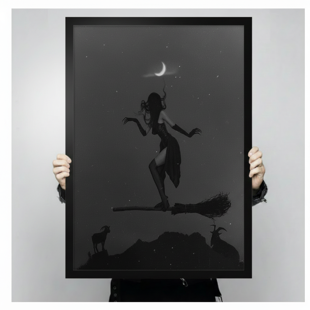 Person holding large black framed dark witch on broomstick art print, showing print size, frame width, and crescent moon detail