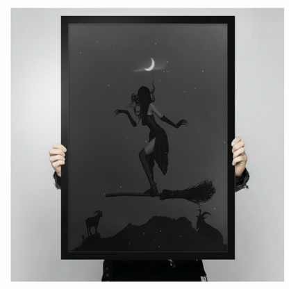 Person holding large black framed dark witch on broomstick art print, showing print size, frame width, and crescent moon detail