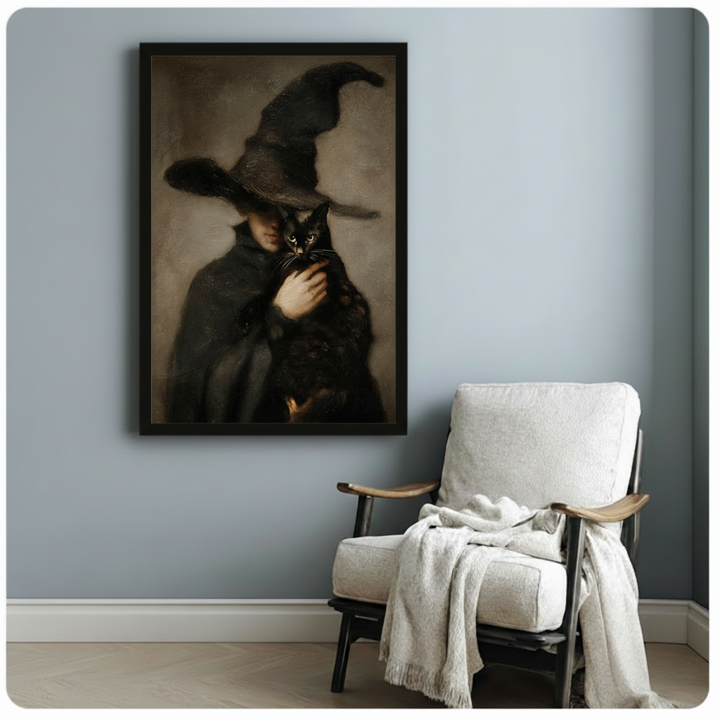 Dark gothic witch and black cat oil painting style framed wall art above a cozy reading chair in a minimalist room