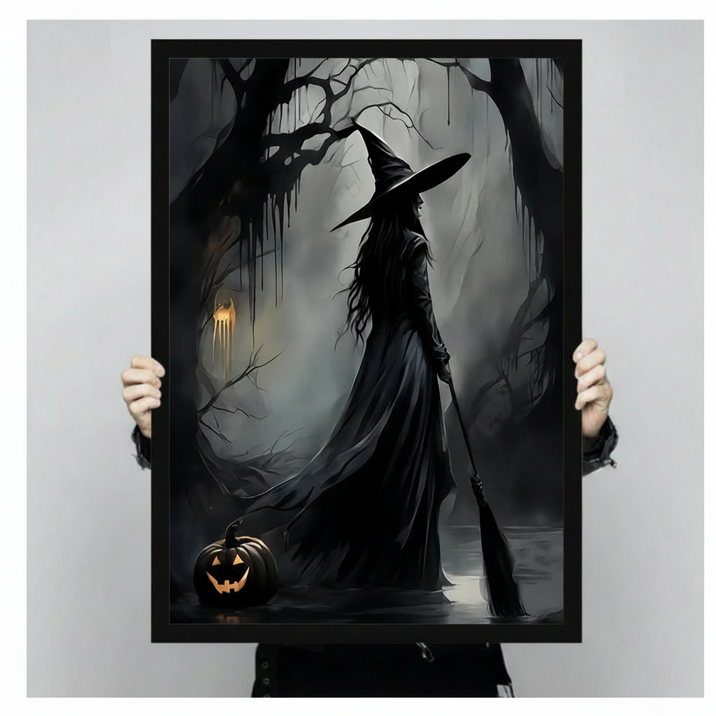 Dark witch in black cloak with jack-o-lantern in haunted forest, gothic Halloween poster print shown in hand product mockup