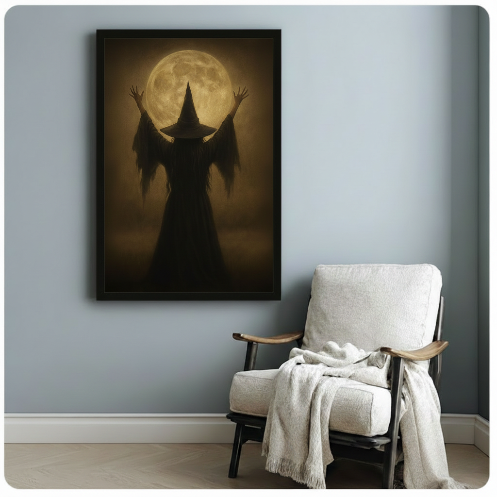 Framed dark fantasy witch wall art print with arms raised under a luminous full moon, hung above a cozy armchair in a light-toned room