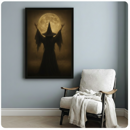 Framed dark fantasy witch wall art print with arms raised under a luminous full moon, hung above a cozy armchair in a light-toned room