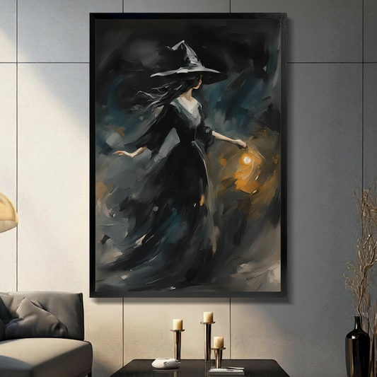 Dark witch with lantern wall art in a black frame hanging above a modern wooden bed in a sunlit bedroom.