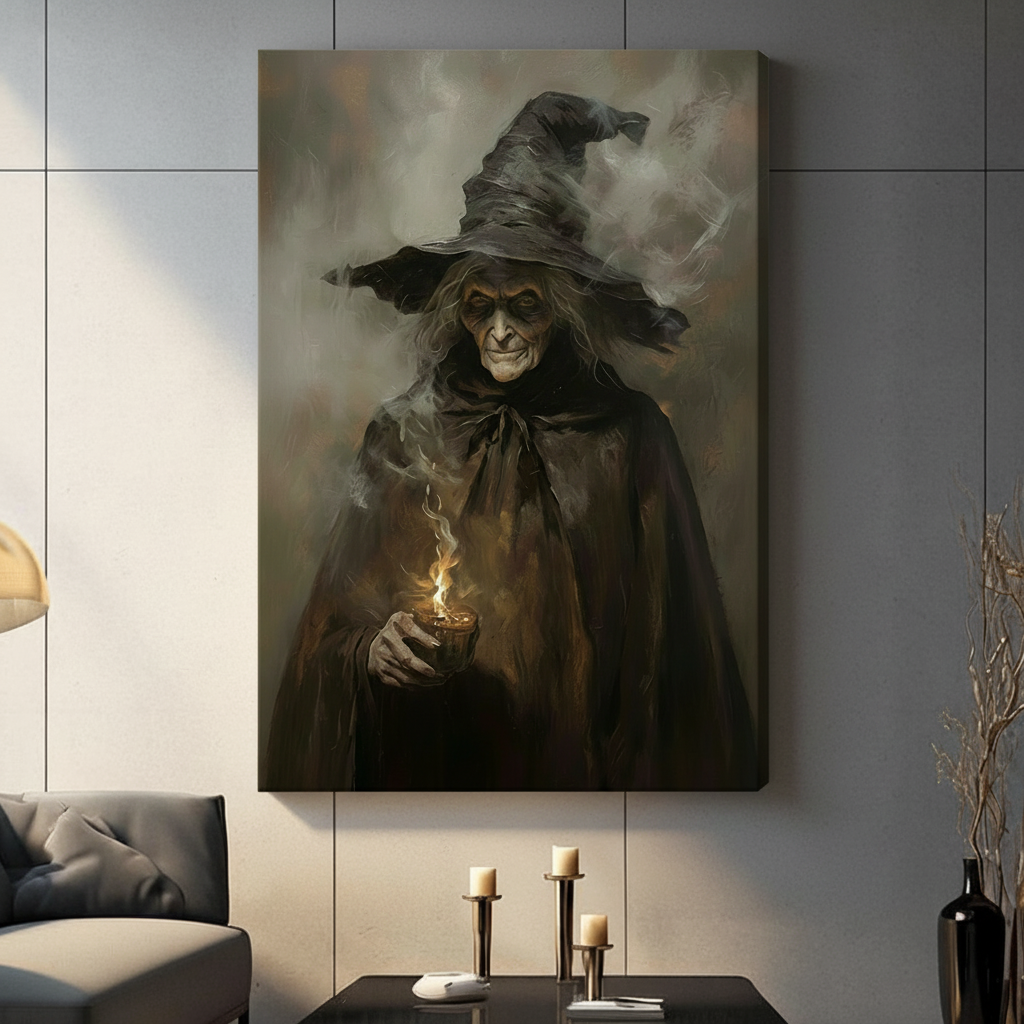 Gothic atmospheric oil painting of an elderly witch wearing a tall black hat and flowing dark cloak holding a small golden cup with a burning magical flame surrounded by moody dark brown smoky mist dark witch portrait stretched canvas in a living room with dark gray tiled wall gray sofa and black decorative vase