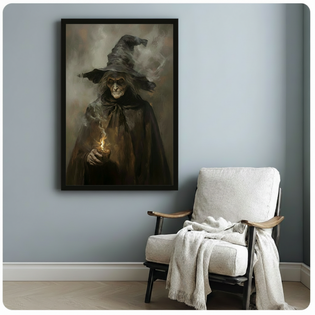 Moody dark oil painting portrait of an old smiling witch in a tall black pointed hat and dark cloak cradling a glowing flame cup with ethereal smoke rising against a deep brown-gray misty background gothic witch wall art framed print beside a white lounge chair with throw blanket against a blue-gray wall