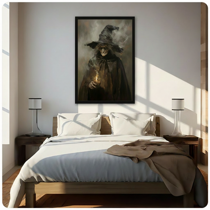 Dark gothic oil painting of an old witch in a tall black pointed hat and flowing dark cloak holding a glowing magical fire cup with moody smoky mist background gothic dark academia witch wall art framed print above a modern bedroom with white linen bedding dark wood nightstands and white table lamps