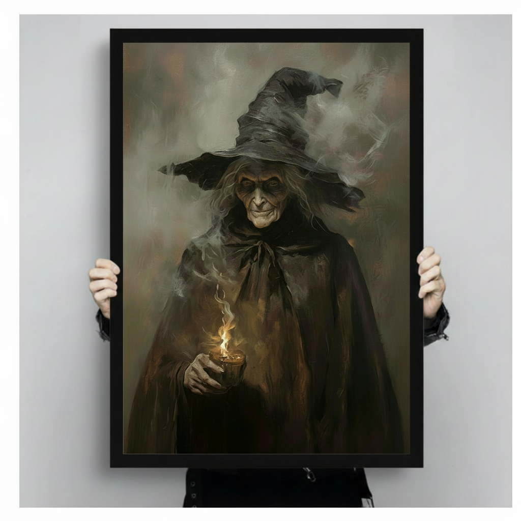 Gothic oil painting art print of a cloaked elderly witch with a tall black hat holding a small cup with magical golden fire and rising smoke on a dark smoky brown background dark academia witch portrait framed print held up against a light gray background