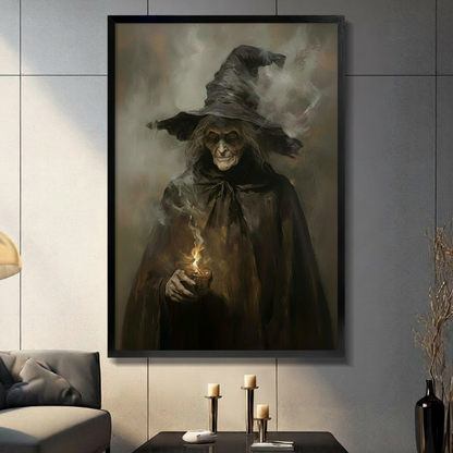 Dark gothic oil painting of an old witch in a tall black pointed hat and dark cloak holding a glowing magical flame in a small cup with smoky swirling mist background dark academia witch wall art framed print in a living room with dark gray tiled wall gray sofa candle holders and black vase