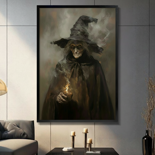 Dark gothic oil painting of an old witch in a tall black pointed hat and dark cloak holding a glowing magical flame in a small cup with smoky swirling mist background dark academia witch wall art framed print in a living room with dark gray tiled wall gray sofa candle holders and black vase