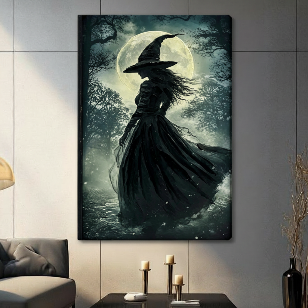 Stretched canvas gothic witch under full moon wall art, dark fantasy forest illustration above console table in dramatic living room