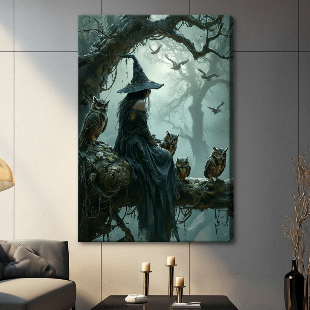 Unframed dark witch surrounded by owls in enchanted misty forest canvas print wall art against grey paneled wall in contemporary living room