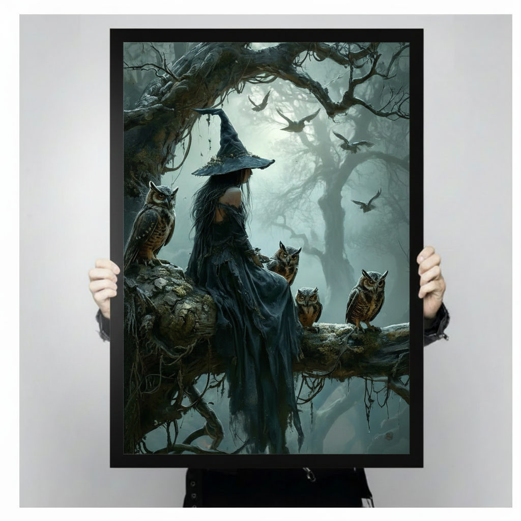 Two hands holding framed dark witch with owls enchanted forest canvas to demonstrate actual print size and black frame quality against neutral background