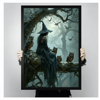Two hands holding framed dark witch with owls enchanted forest canvas to demonstrate actual print size and black frame quality against neutral background