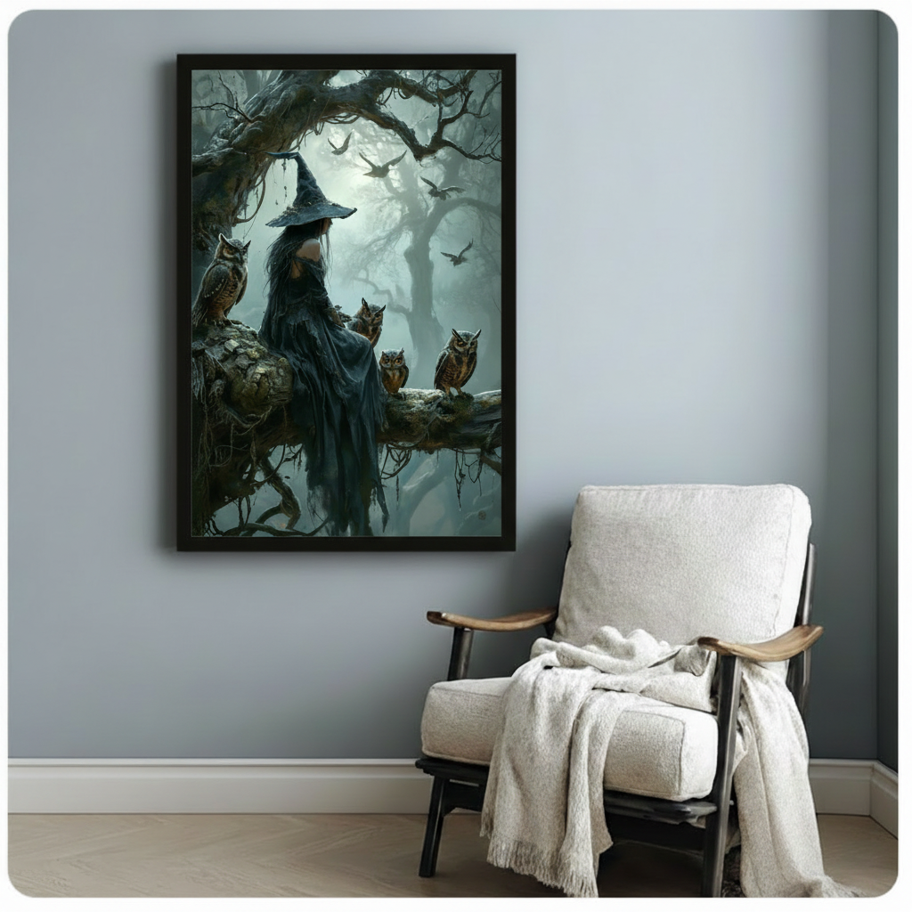 Framed dark witch and owls misty forest fantasy wall art hung on blue-grey wall beside white linen armchair with cozy throw in reading nook