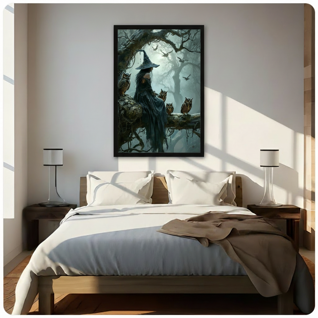 Framed dark witch with owls in misty forest fantasy art canvas above bed in bright sunlit neutral bedroom with dark wood nightstands and modern table lamps