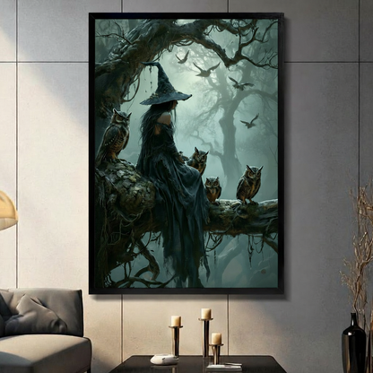 Framed dark witch with owls in misty forest fantasy canvas wall art displayed in modern living room with grey paneled wall and candlestick console decor