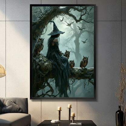 Framed dark witch with owls in misty forest fantasy canvas wall art displayed in modern living room with grey paneled wall and candlestick console decor