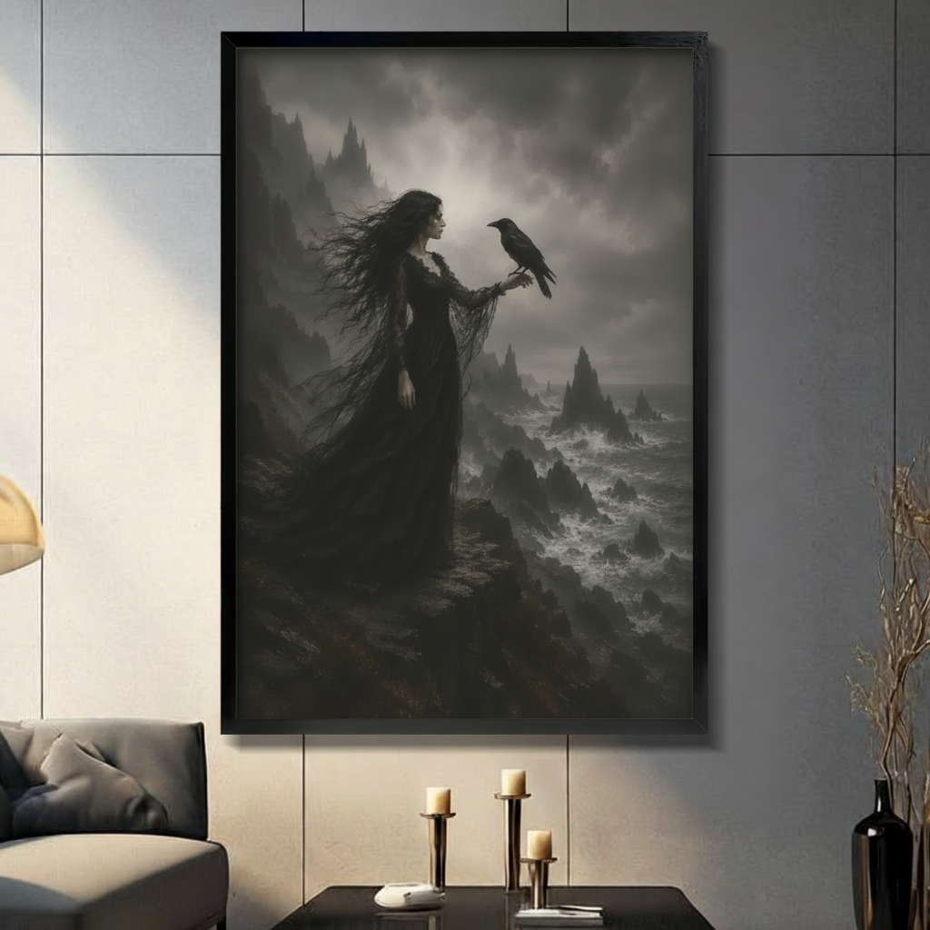 Framed dark witch and raven wall art canvas in modern living room — gothic fantasy oil painting of woman on stormy cliff with black raven