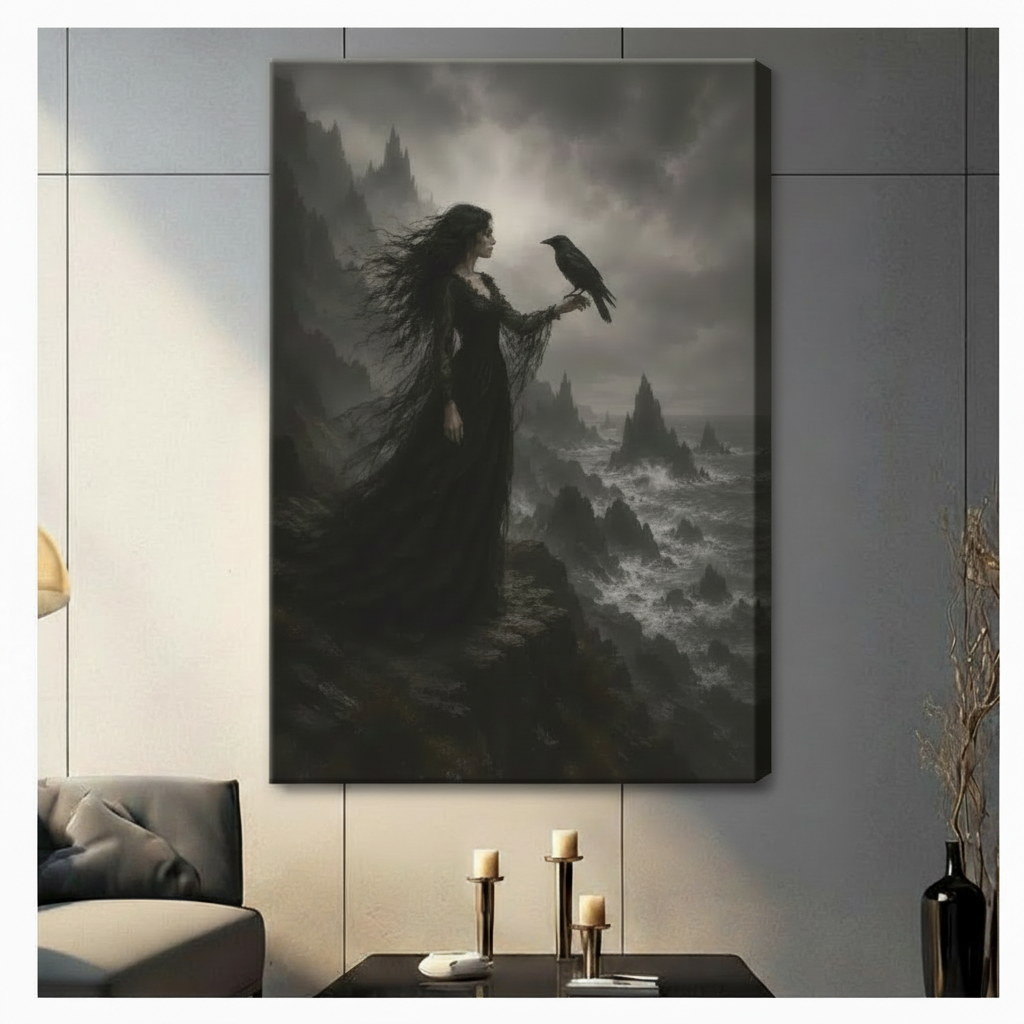 Gallery wrap canvas of dark witch holding raven on stormy cliff — gothic fantasy wall art for living room, moody oil painting style