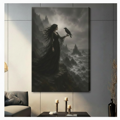 Gallery wrap canvas of dark witch holding raven on stormy cliff — gothic fantasy wall art for living room, moody oil painting style