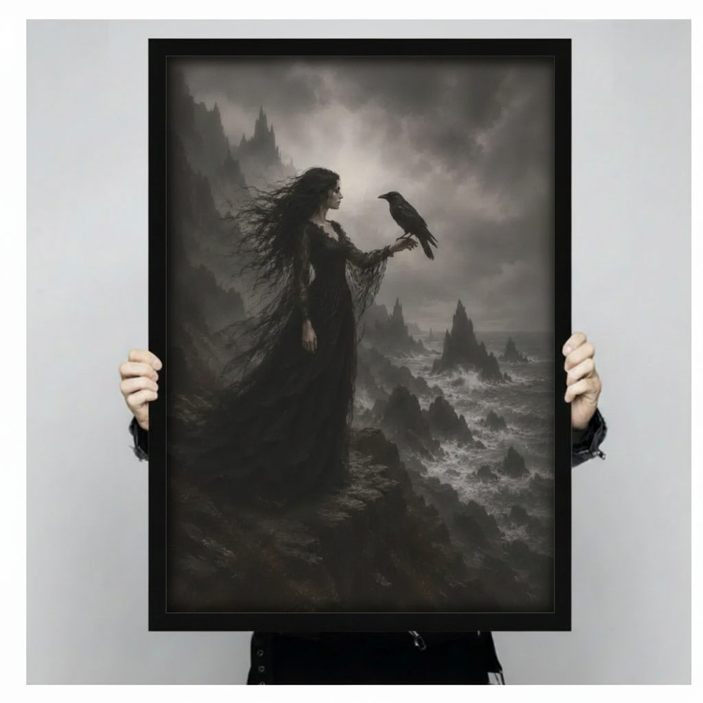 Close-up of framed dark witch with raven wall art print held by hands — gothic fantasy oil painting, stormy cliff and turbulent sea