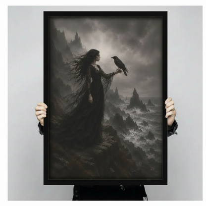 Close-up of framed dark witch with raven wall art print held by hands — gothic fantasy oil painting, stormy cliff and turbulent sea