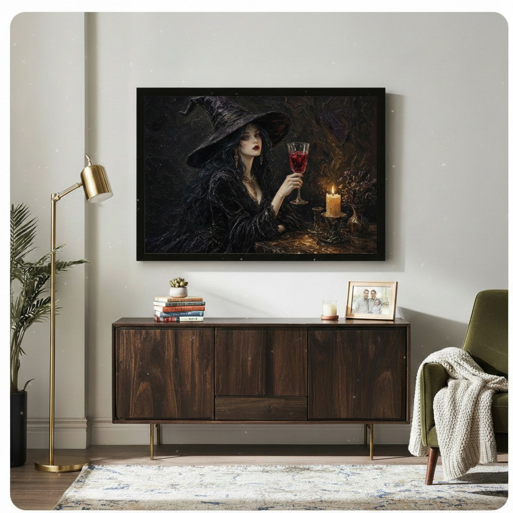 Dark atmospheric oil-style framed wall art of an elegant witch in black raising a crimson wine goblet by candlelight, displayed above a walnut sideboard in a warm eclectic living room