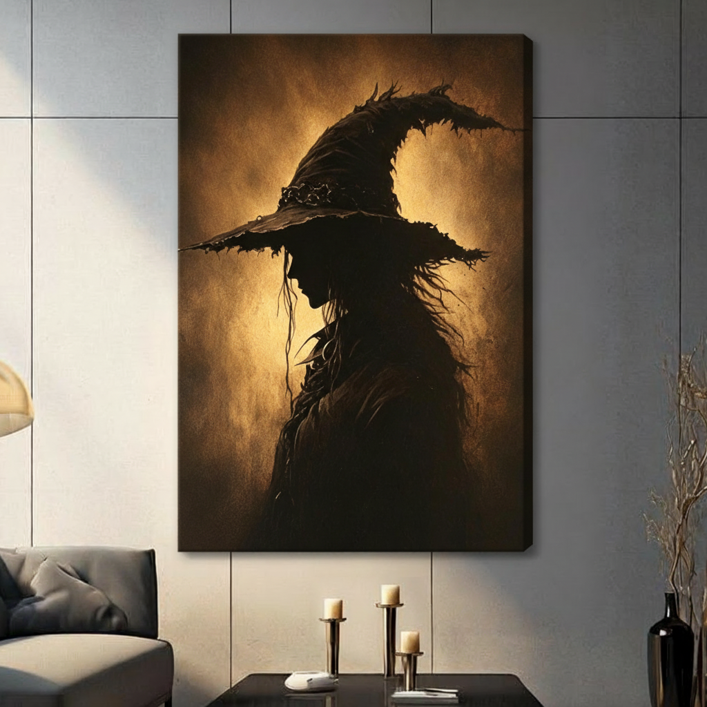 Dark oil painting of a witch silhouette in a tattered pointed hat with long windswept hair glowing against a golden amber textured background gothic witch wall art stretched canvas in living room with dark gray panel wall and dark sofa