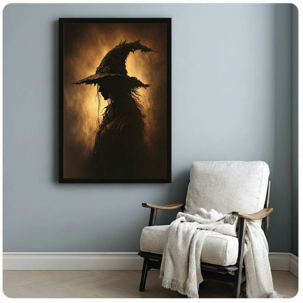 Dark oil painting of a witch silhouette in a tattered pointed hat with long windswept hair glowing against a golden amber textured background gothic witch wall art framed print beside linen armchair on blue-gray wall