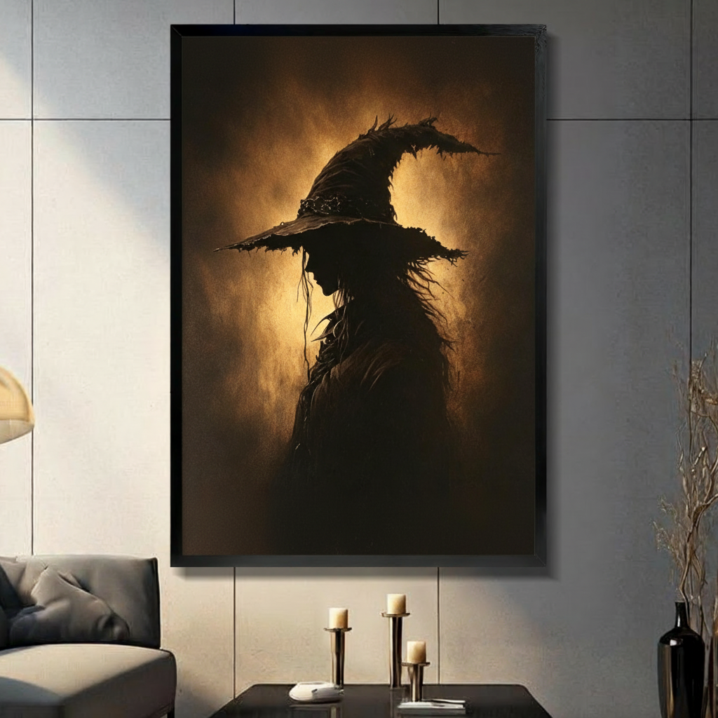 Dark oil painting of a witch silhouette in a tattered pointed hat with long windswept hair glowing against a golden amber textured background gothic witch wall art framed print in living room with dark gray panel wall and dark sofa
