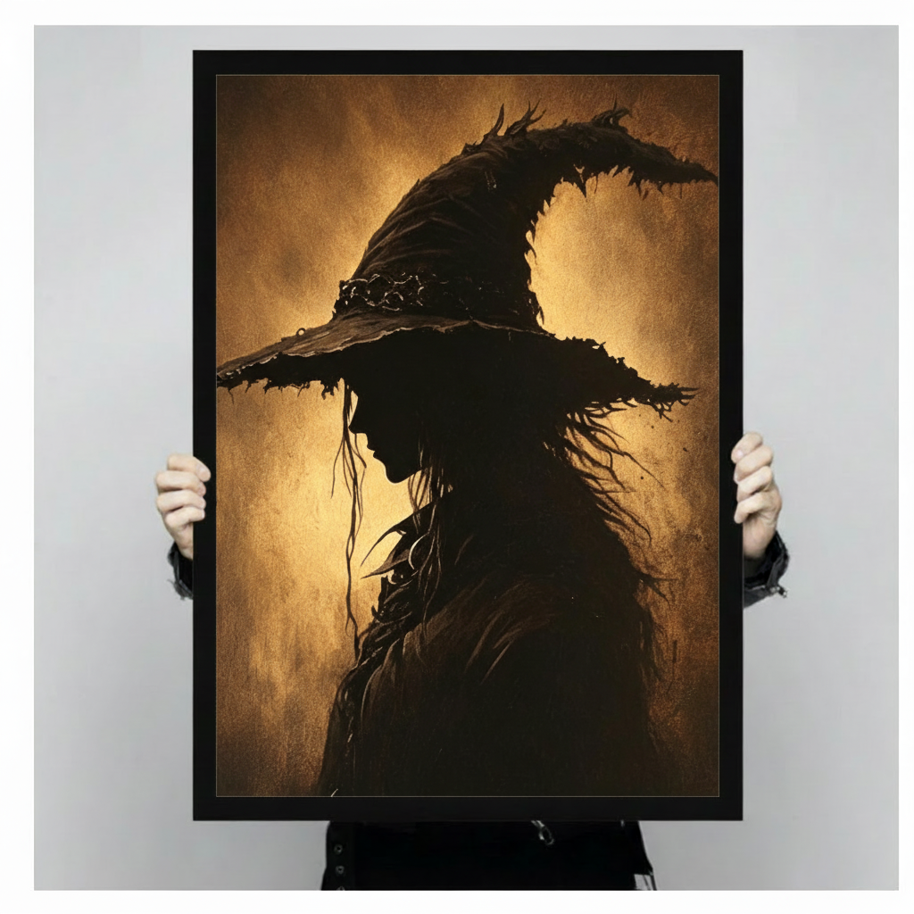 Dark oil painting of a witch silhouette in a tattered pointed hat with long windswept hair glowing against a golden amber textured background gothic witch wall art framed print held against light gray background