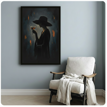 Dark witch wall art with a cocktail glass displayed on a blue-gray wall beside a white accent chair and throw blanket.