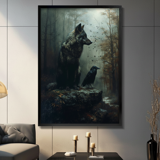 Black framed gothic wolf and raven oil painting in a dark misty forest, displayed above candlesticks in a moody living room