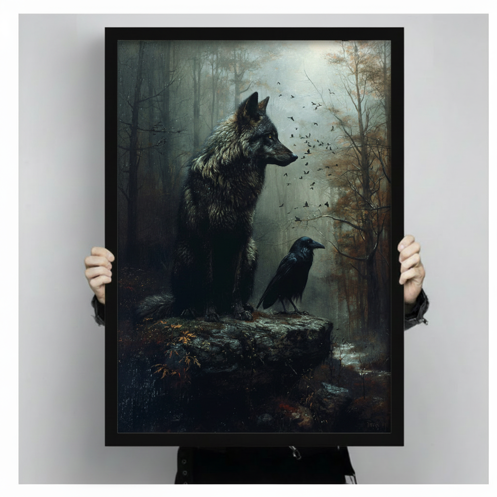 Close-up of a gothic black wolf and raven oil painting in black frame, held by hands to show print detail and size
