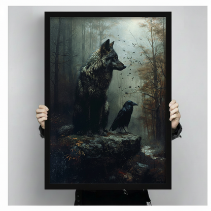 Close-up of a gothic black wolf and raven oil painting in black frame, held by hands to show print detail and size

