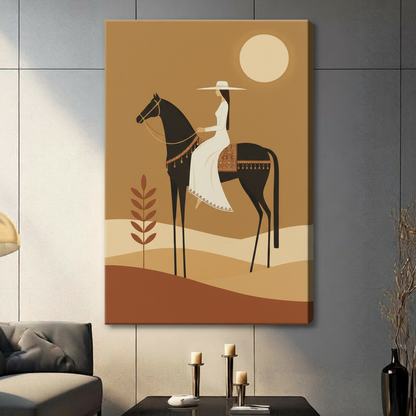 Minimalist flat illustration of a white-robed woman in a wide-brim hat on a slender black horse with decorative ethnic saddle blanket and gold tassel bridle set against layered desert dunes and a golden brown sky with a large pale moon boho equestrian wall art stretched canvas in a living room with dark gray panel wall dark sofa and black vase