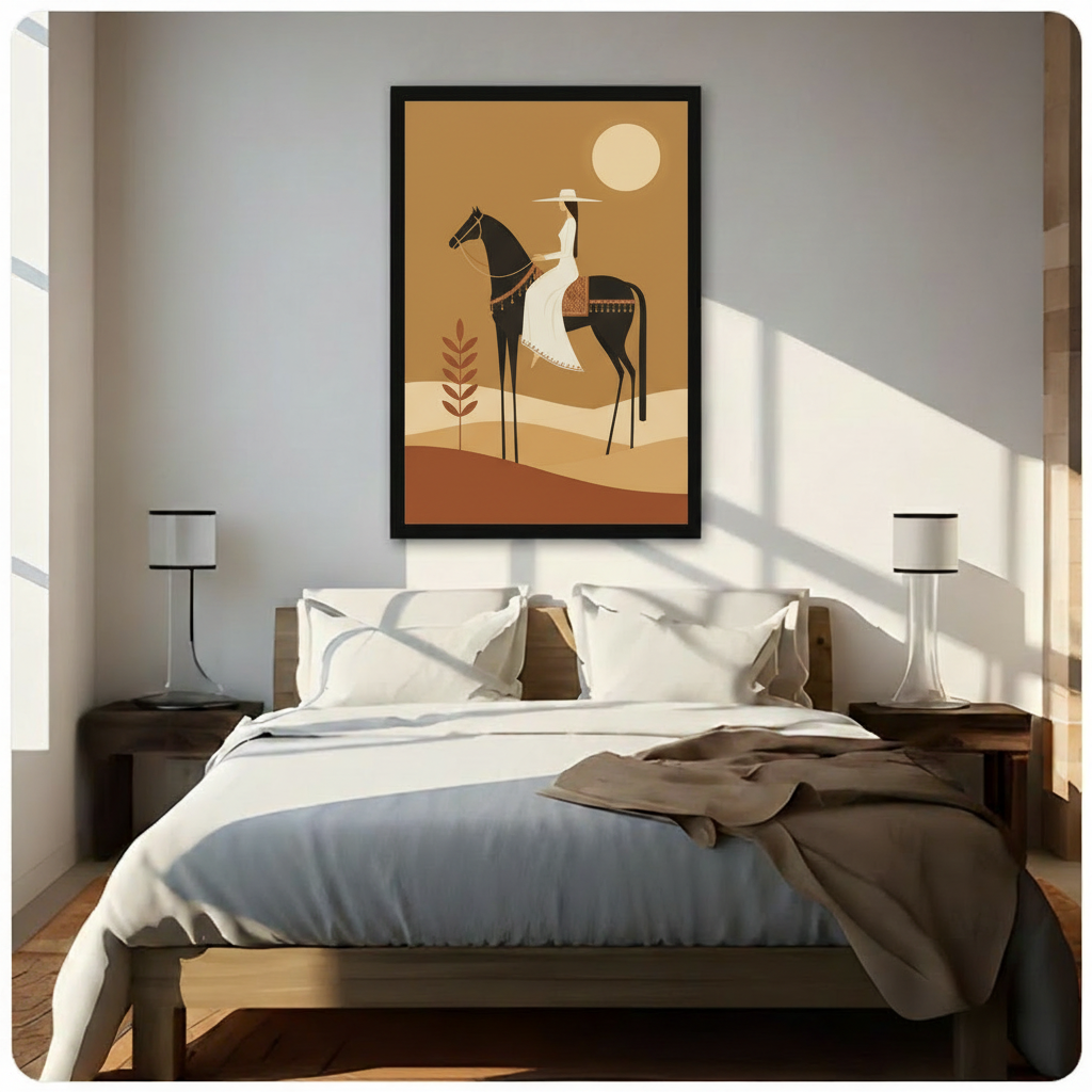 Minimalist flat illustration of an elegant woman in a white hat and dress riding a lean dark horse with a patterned saddle over sweeping desert sand dunes under a large cream moon against a warm golden brown sky boho desert equestrian wall art framed print above a bedroom with white linen bedding dark wood bed frame and white table lamps