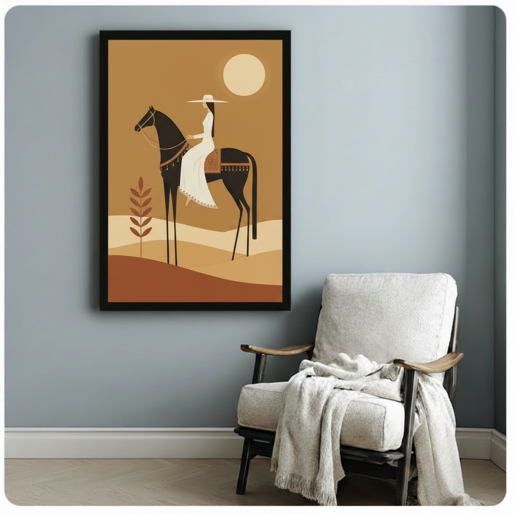 Minimalist flat illustration of a woman in a white wide-brim hat and flowing white dress riding a slender dark horse with ethnic patterned saddle blanket and gold tassel reins over layered sandy desert dunes under a pale cream moon boho equestrian wall art framed print beside a white linen armchair on a blue gray wall
