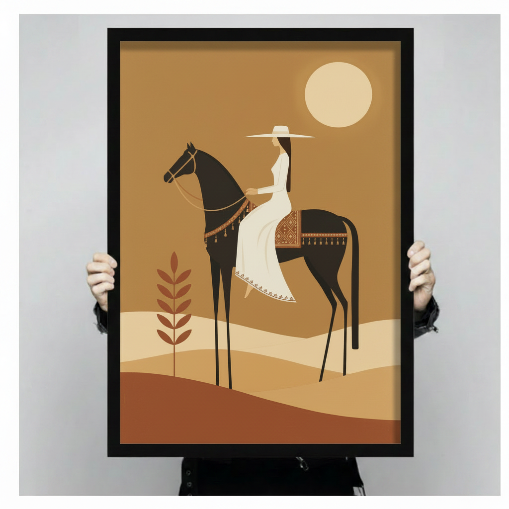 Minimalist flat illustration of a woman in a white wide-brim hat and long white dress riding a slender dark horse with a decorative ethnic saddle blanket and gold tassel bridle against a warm golden brown desert background with layered sand dunes and a large cream moon boho desert equestrian wall art framed print held against a light gray background