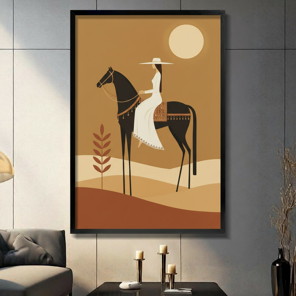 Minimalist flat illustration of a woman in a white wide-brim hat riding a tall dark horse with a patterned ethnic saddle and gold tasseled reins over layered desert sand dunes under a large cream moon on a golden brown background boho desert equestrian wall art framed print in a living room with dark gray panel wall dark sofa and black vase