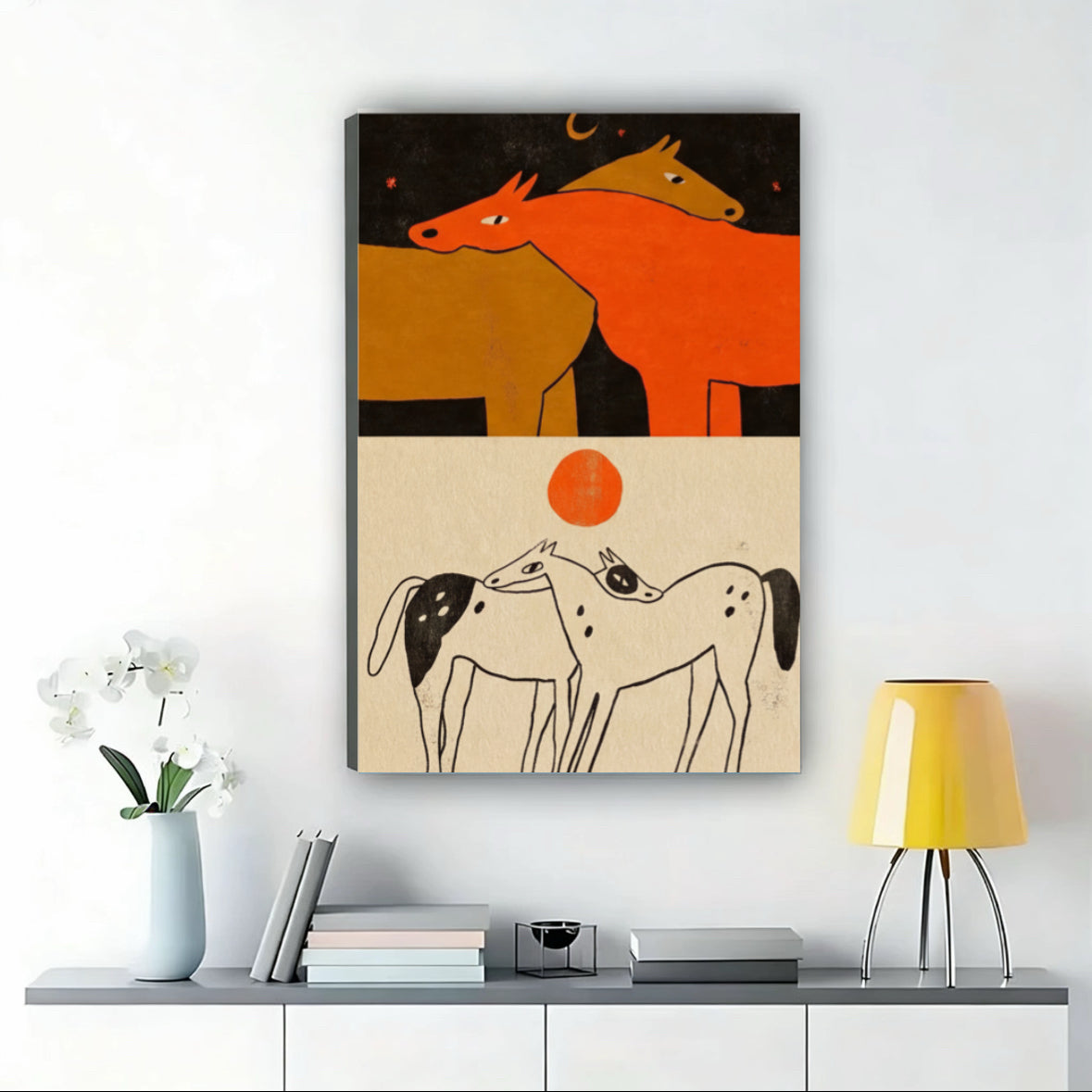 Horses Art Print – Day Night Dual Scene Canvas Wall Decor Framed W1523