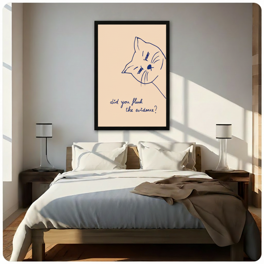 Humorous cat poster in black frame above bed in minimalist bedroom with warm morning sunlight, funny wall art
