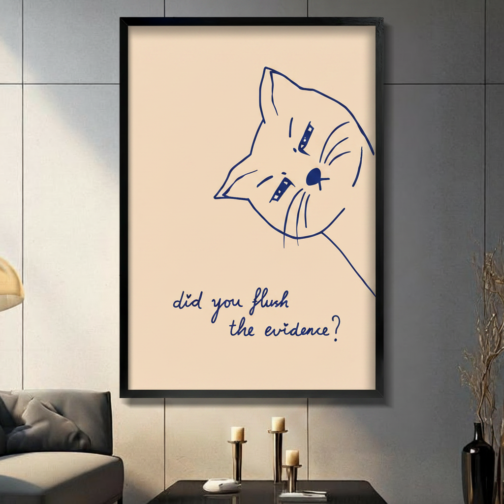 Funny cat line art poster "did you flush the evidence" in black frame on dark grey wall, humorous home decor