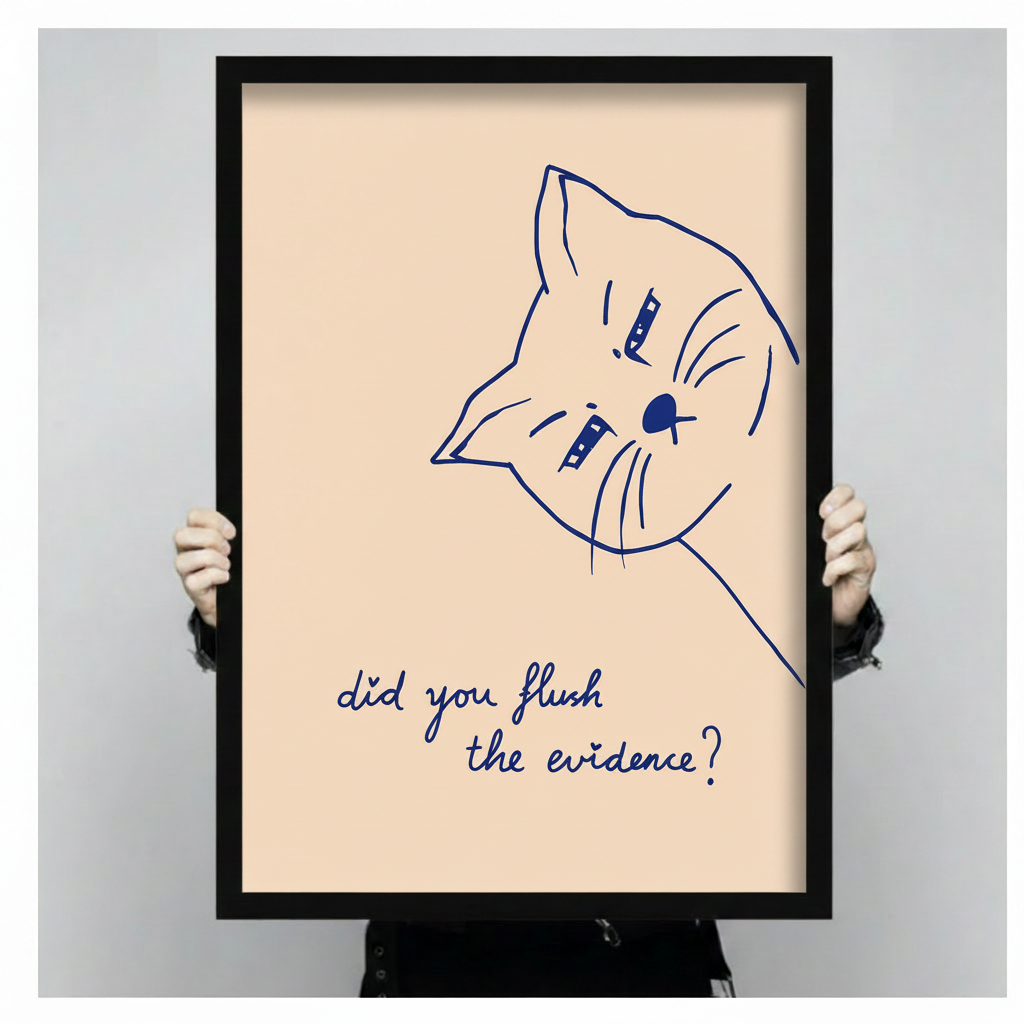Funny cat line art print in black frame held in hands, showing print size and quality — cat lover gift idea