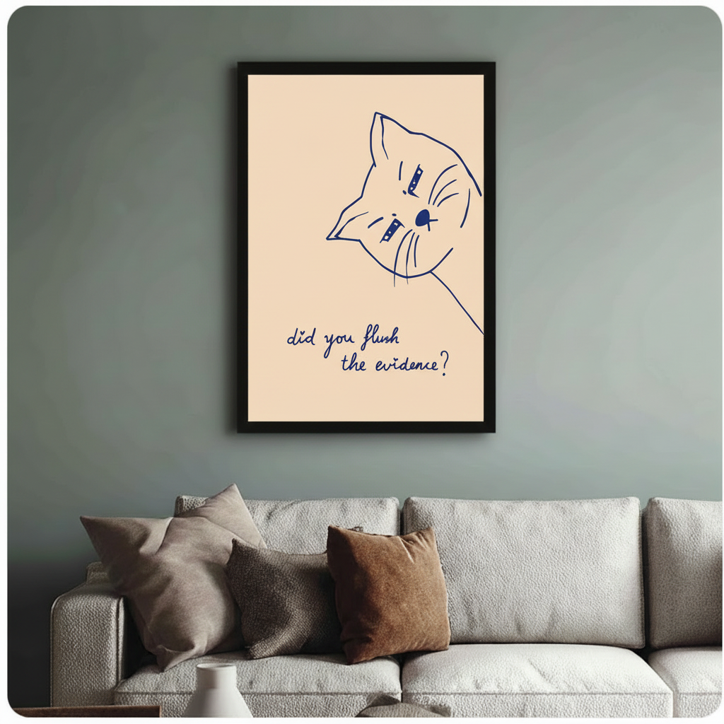Humorous cat line art print in black frame on sage green wall above linen sofa, modern living room decor