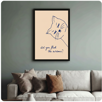 Humorous cat line art print in black frame on sage green wall above linen sofa, modern living room decor