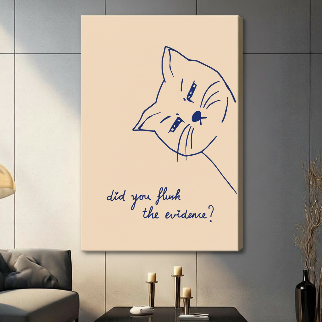 Funny cat quote canvas wrap print on dark wall, frameless blue line art wall decor for cat lovers