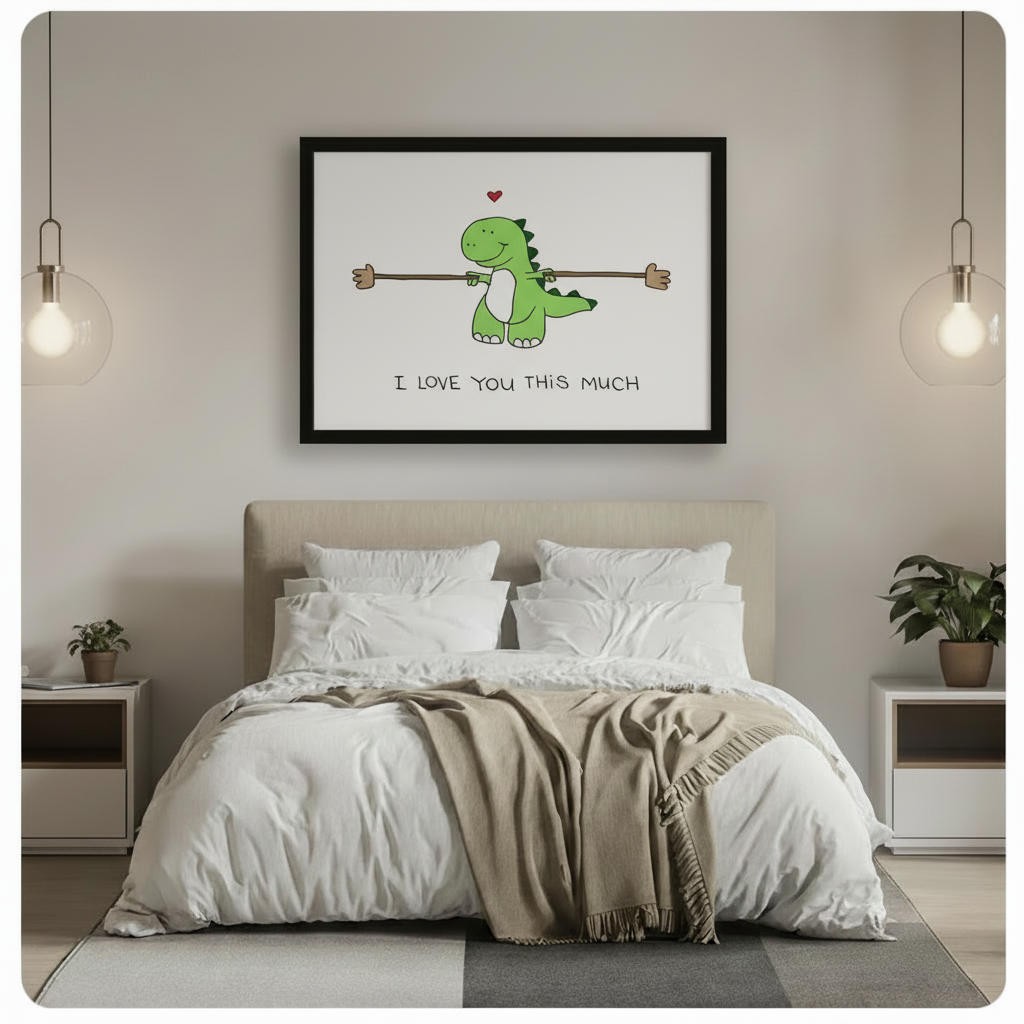 Black framed whimsical green dinosaur I Love You This Much canvas wall art hung above a beige upholstered bed with white linen bedding in a minimalist bedroom with glass globe pendant lights and potted plants